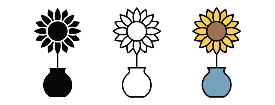 sunflowers in vases with different colors and styles for graphic design  flowers in various artistic renderings for illustration and decoration