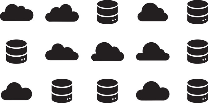 Set of black flat cloud computing and database server for digital technology interface