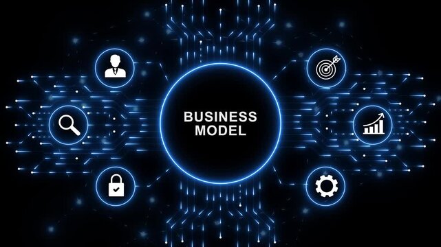 Digital Business Model interface for artificial intelligence business process automation data analysis autonomous workflow orchestration and futuristic technology innovation concept. animation