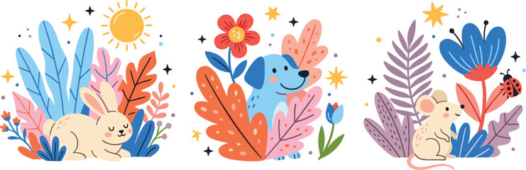 Cute Animals in the Garden Vector Illustration Set Featuring a Rabbit, Dog, and Mouse with Colorful Botanical Flowers and Plants © Rumi