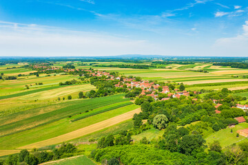 Obraz premium Aerial view of beautiful countryside landscape, village of Daruvarski Brestovac, Daruvar, Croatia 