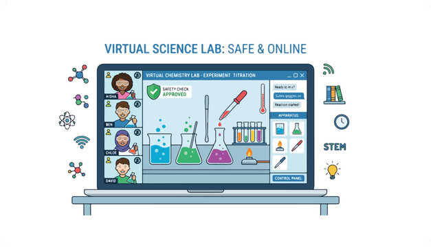 Virtual science lab concept with students learning online safely.