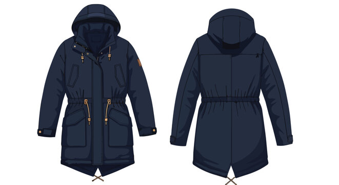 Navy Blue Winter Parka Jacket with Hood Front and Back View Mockup for Fashion Design and Outerwear Apparel Flat Sketch