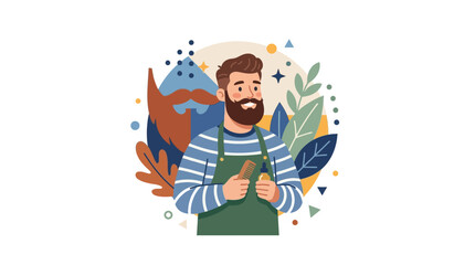 Naklejka premium Happy Bearded Gardener Holding Carrot with Nature Elements Illustration