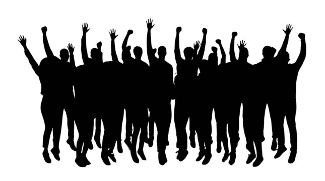Silhouette group of people raising hands joyfully isolated on transparent background, Vector