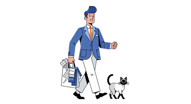 Cartoon mailman with packages and black cat.