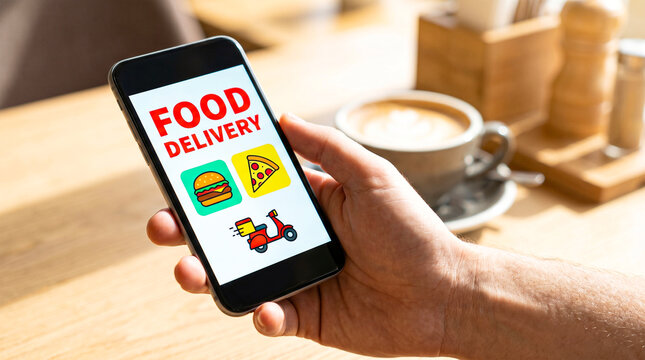 Food delivery app on smartphone screen held by hand, mobile ordering service for restaurant takeout, digital online food application in cafe setting