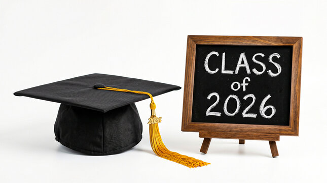 Class of 2026 graduation cap with gold tassel, black mortarboard and chalkboard sign, academic commencement ceremony concept on white background