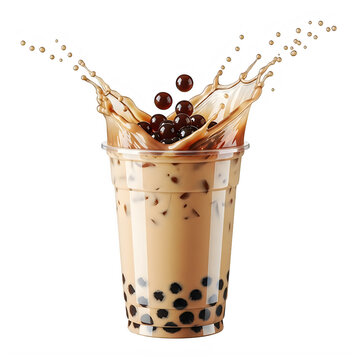 A cup of bubble tea with boba splashing out