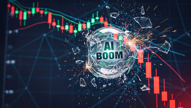 AI boom glass sphere shattering over declining stock chart concept for technology market bubble and financial volatility including artificial intelligence investment risk