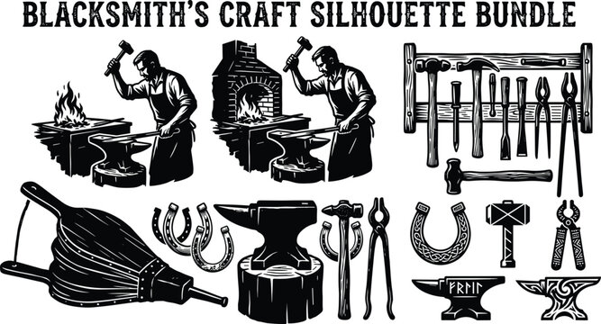 Blacksmith craft silhouette vector bundle featuring ironworkers anvil hammers tongs bellows and forge elements for industrial emblem design