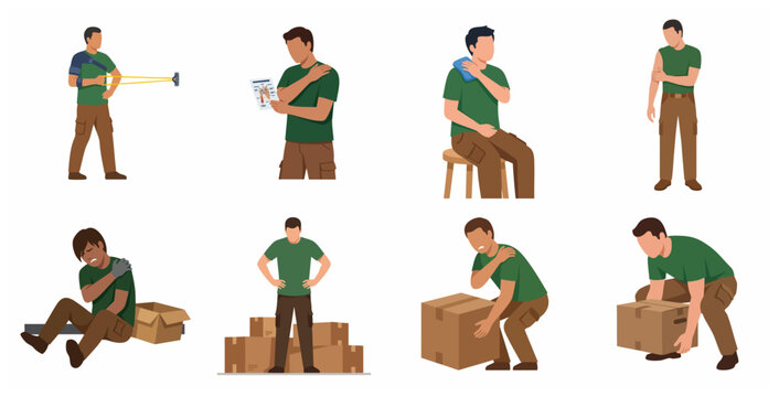 Flat vector illustrations of a man with shoulder pain, demonstrating rehabilitation exercises and safe manual handling techniques for lifting boxes.