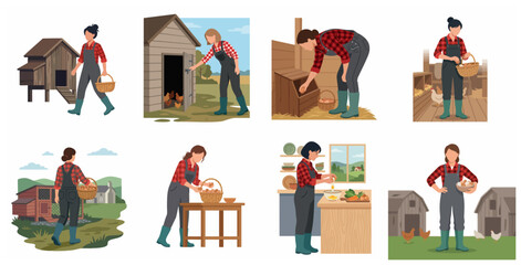 Collection of female farmer vector illustrations gathering fresh eggs from chicken coops on a rural poultry farm, sustainable agriculture and organic food production concept © Sego