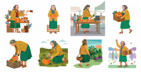 Senior Woman Farmer Illustration Set, Elderly Lady Harvesting and Selling Vegetables at Local Market, Fresh Organic Autumn Produce Concept