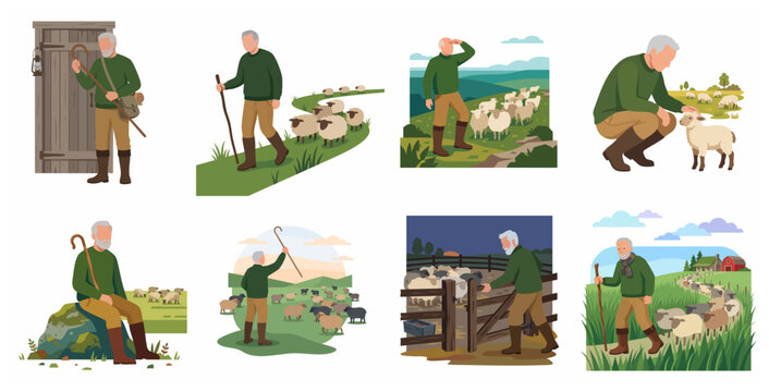 Set of Illustrations of an Elderly Shepherd Herding and Caring for a Flock of Sheep in the Countryside
