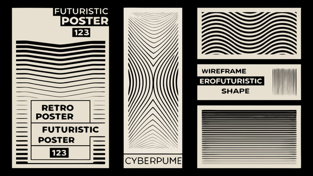 Futuristic poster designs with parallel curved lines on a white background geometric compositions abstract aesthetic art black