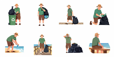 Fototapeta premium Senior man cleaning up trash and plastic bottles on the beach, environmental protection and waste management illustration set
