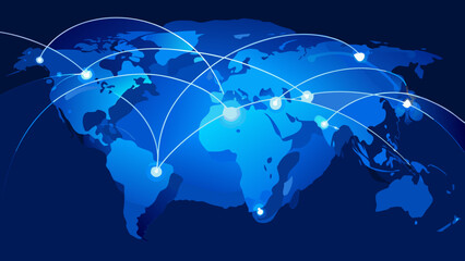 Blue world map illustration with glowing connection points and curved lines representing global networks abstract aerial view americas © MINA