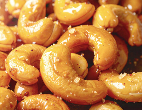 Roasted glazed cashew nuts with honey, macro shot, full frame. AI