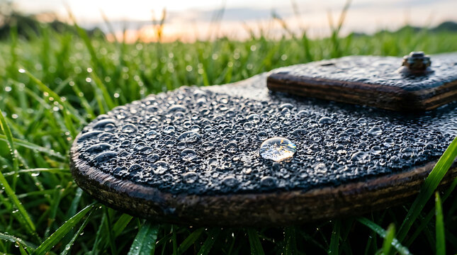 Dew drops glistening on skateboard grip tape on a grassy surface at sunrise