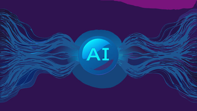 Glowing blue wave pattern with central circular element displaying the letters ai vector illustration artificial intelligence wavy