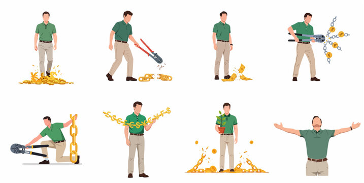 Financial Freedom and Debt Relief Concept Set with Man Breaking Gold Currency Chains