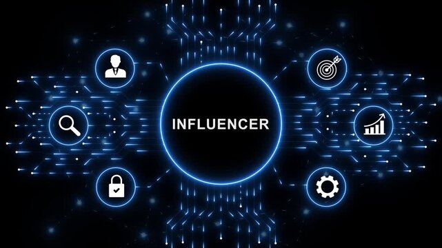 Digital Influencer interface for artificial intelligence business process automation data analysis autonomous workflow orchestration and futuristic technology innovation concept. animation