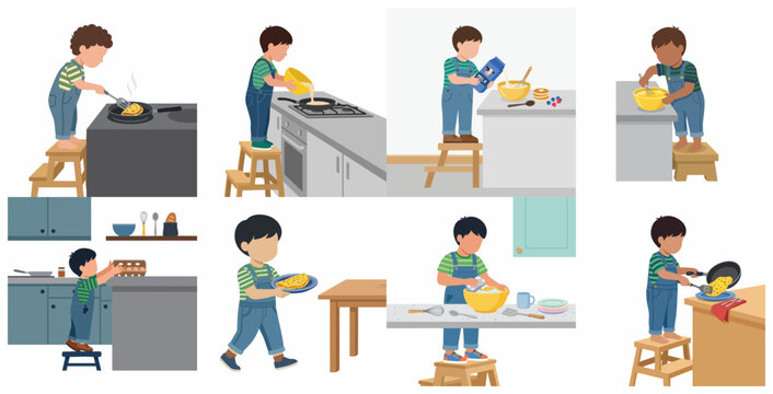 Set of illustrations featuring a young boy cooking in the kitchen, preparing breakfast, using a step stool, whisking eggs, and flipping pancakes in a pan.