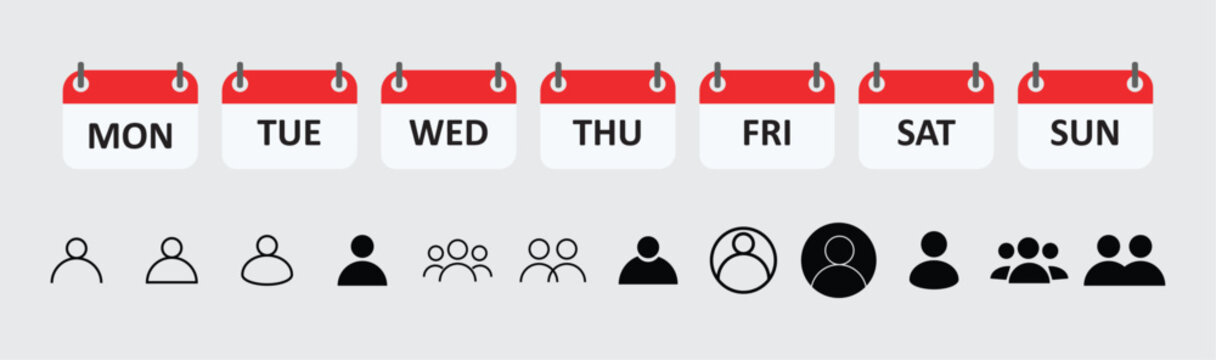 Weekly calendar sheet icons with days of the week and user profile avatar set vector illustration