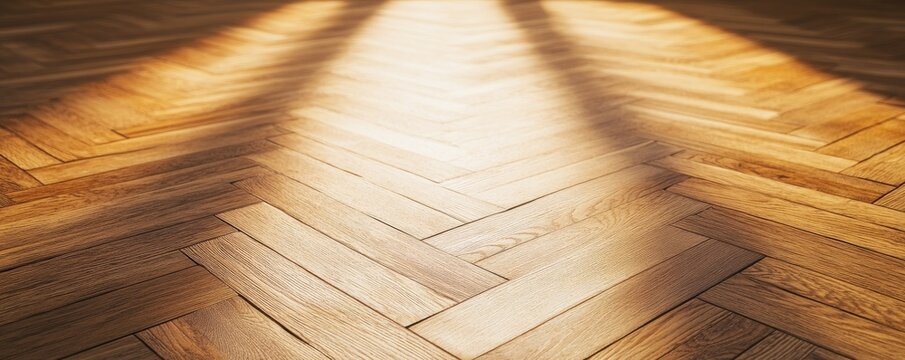 Golden sunlight beam streaking across a polished wooden herringbone parquet floor, emphasizing texture and lightshadow contrast, a pathway of natural warmth. Flooring, Elegance