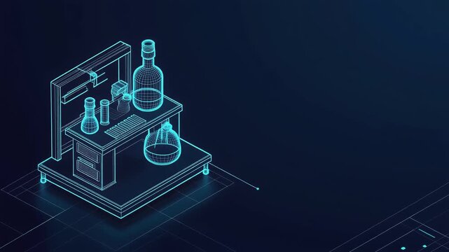 Laboratory workbench with chemical glassware rendered in a glowing blue digital wireframe motion animation video clip