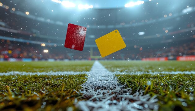 A red card and a yellow card floating above the white line of a wet grass football pitch inside a rainy stadium at night, conceptualizing soccer fouls, penalty, and referee rules.
