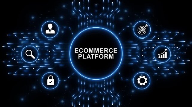 Digital Ecommerce Platform interface for artificial intelligence business process automation data analysis autonomous workflow orchestration and futuristic technology innovation concept. animation