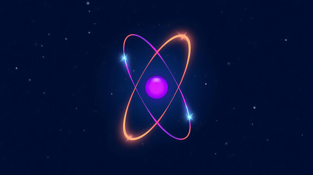 This image is a vibrant digital illustration of an atomic model featuring glowing neon rings in shades of pink and blue