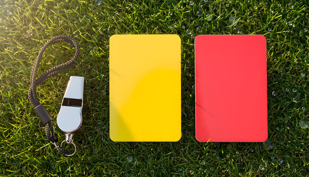 Top view of a silver referee whistle with lanyard, a yellow card, and a red card arranged neatly on wet green grass field under morning sun, conceptualizing soccer game rules.