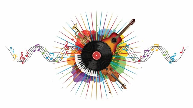 Musical instruments collection with vinyl record and colorful artistic paint splash isolated on a clean white background for design