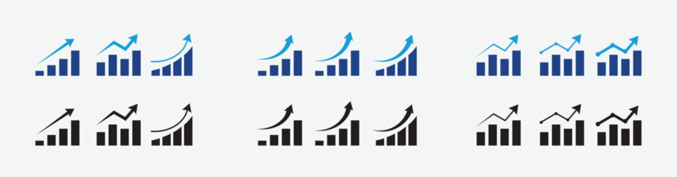 Financial growth bar chart icons set with upward trend arrows vector illustration