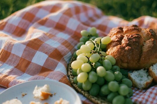 Half-finished picnic spread on a checked blanket featuring green grapes and a loaf of bread, with a plate of crumbs nearby in a grassy outdoor setting