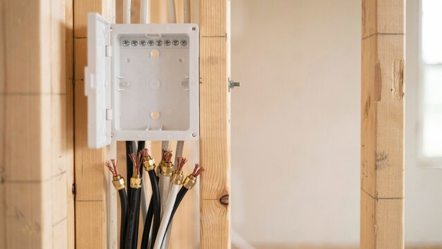 Electrical junction box with exposed wiring sits mounted on raw wooden wall studs in a house under construction.
