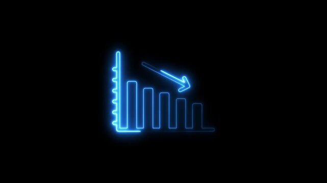 Decreasing bar chart graph with glowing blue neon outline on black background decreasing graph business data