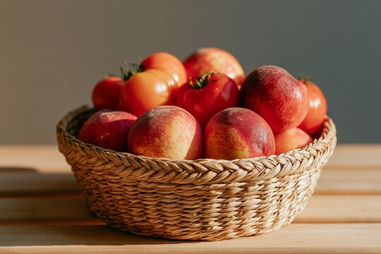 Woven market basket filled with ripe peaches and tomatoes resting on a wooden surface, showcasing vibrant colors and natural textures in a well-lit setting