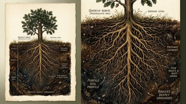 Detailed illustration of Quercus Robur tree roots in fertile soil profile