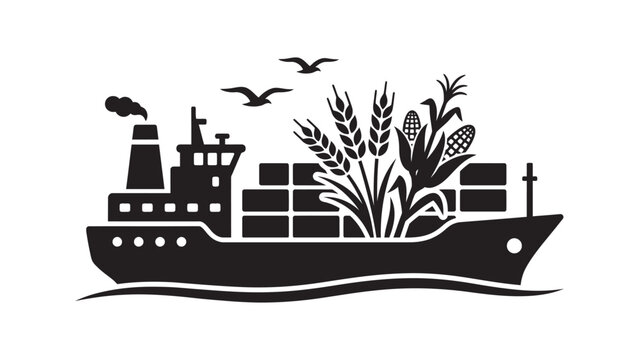 Black and white cargo ship transporting agricultural crops.