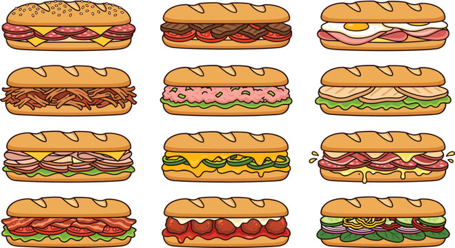 Submarine sandwich vector cartoon icon collection set featuring diverse delicious sub baguettes with ham cheese meatball BLT tuna and turkey fillings isolated on white background
