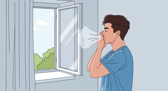 Vector illustration of a young man with closed eyes practicing deep breathing or mindful meditation while standing indoors in front of an open window with a view of green trees and sky.