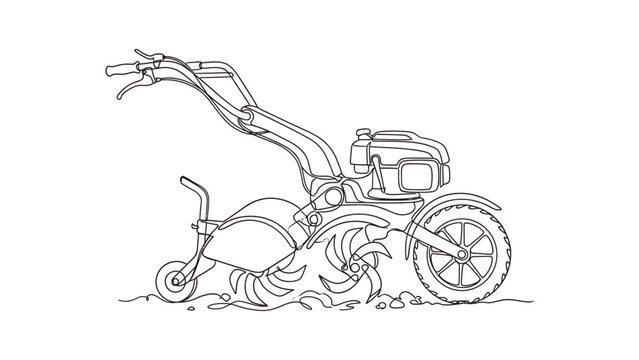 Continuous one line drawing of a motorized garden tiller for soil cultivation.