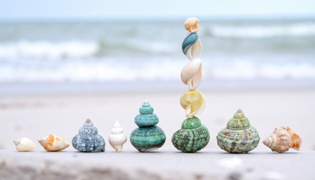 Arranged Seashells Displayed in a Tower on a Sandy Beach with Ocean Background