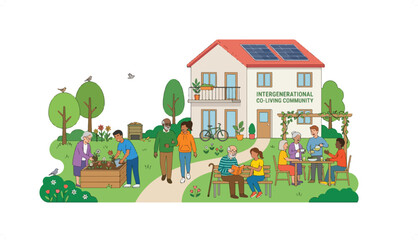 Naklejka premium Community gathering at a sustainable eco-friendly house with solar panels.
