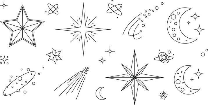 Space vector doodle set with stars crescent moon comet planet galaxy asteroid orbit and sparkle line art icon