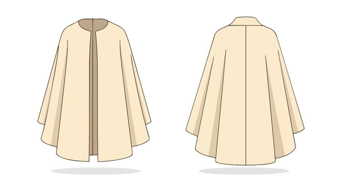 Stylish beige cape coat for women apparel technical flat drawing set including front and back view fashion template
